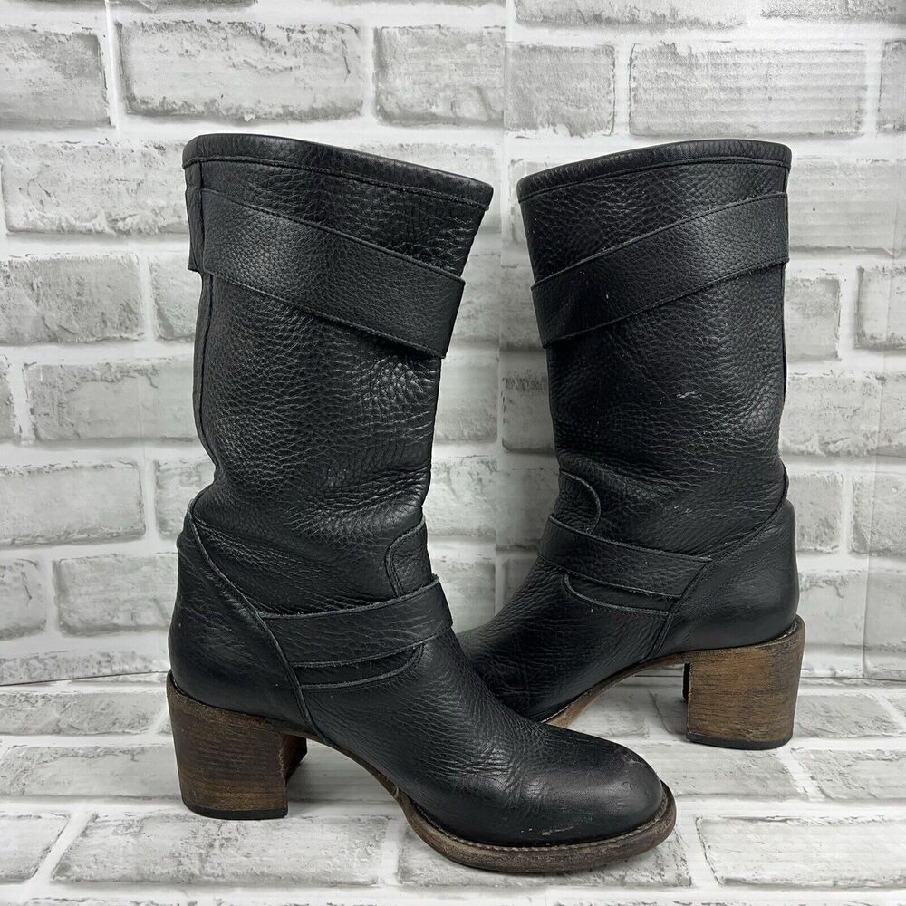 Bianco Easy Women 's 38 /7.5 US Black Leather Buckle Moto Mid Calf Chunky Boots - Picture 2 of 16
